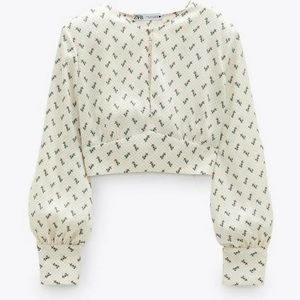 Zara Satin Blouse Women’s XL Vintage Floral Print Cropped Long Sleeve Cream